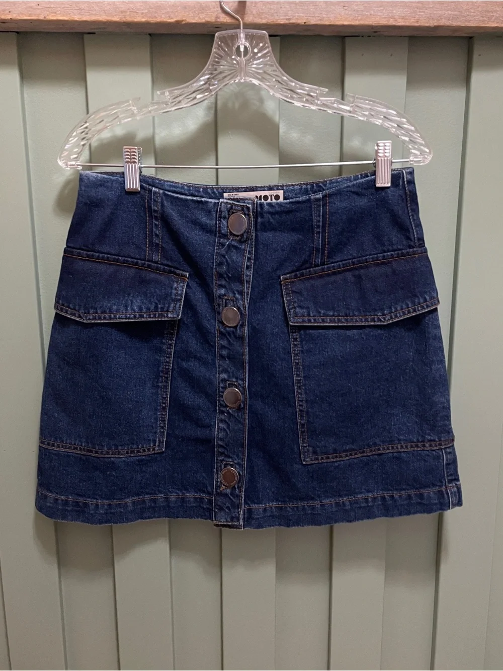 Topshop Moto Dark Blue Denim Button-Front Mini Skirt Lg Pocket Front 30